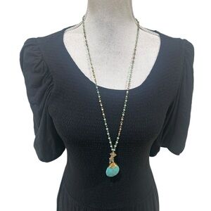 Artisan faux teardrop Turquoise Bead Long Pendant Necklace Gold Accents 18 inch